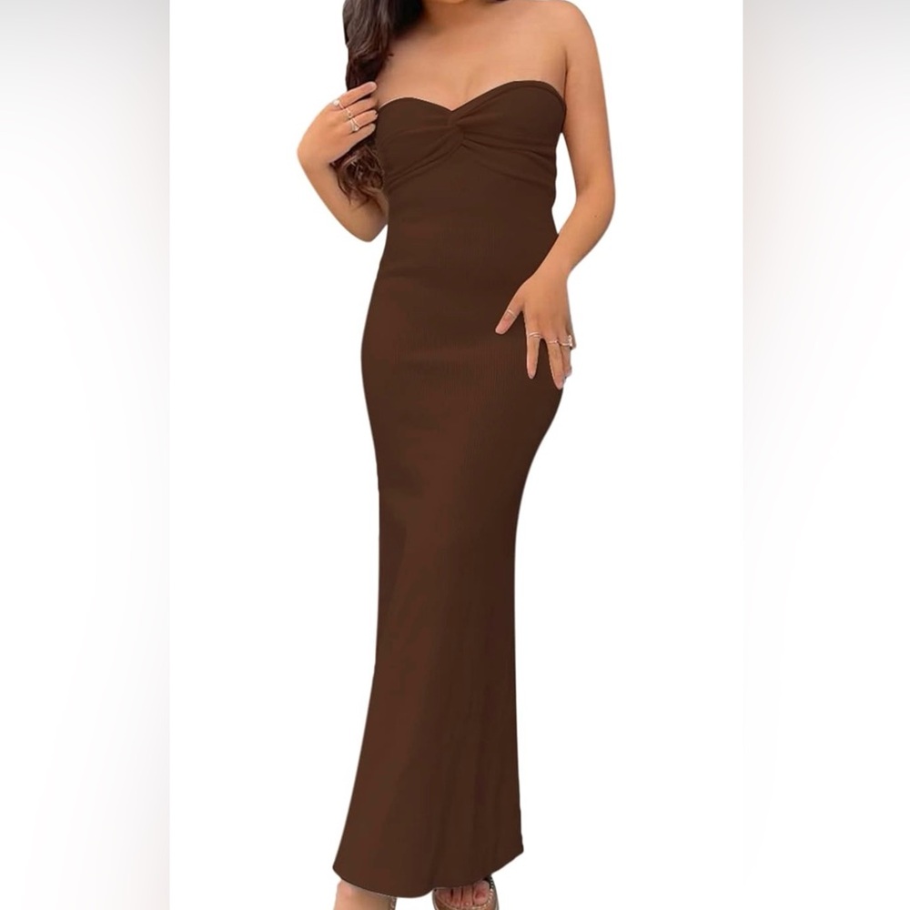 Chocolate Brown Strapless Maxi Dress Minimalist Ribbed Dress Size S